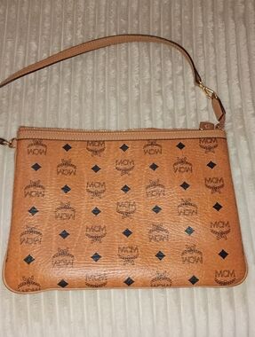 MCM Cognac Logo Visetos Zip Wristlet with Black Motif